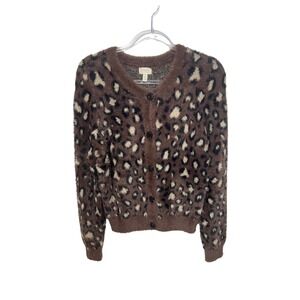 Greige Leopard Print Cardigan Women Medium Brown Fuzzy Rhinestone Button Sweater